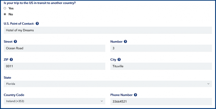 US contact in the ESTA application